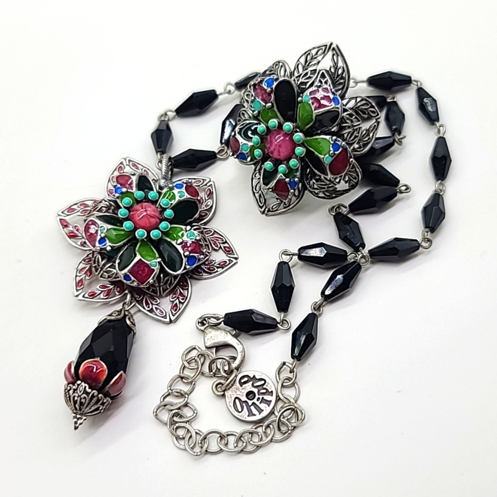 $112 Ollipop "DAWN & SUNSET" Statement Enamel & Silver Filigree Neck & Ring Set!